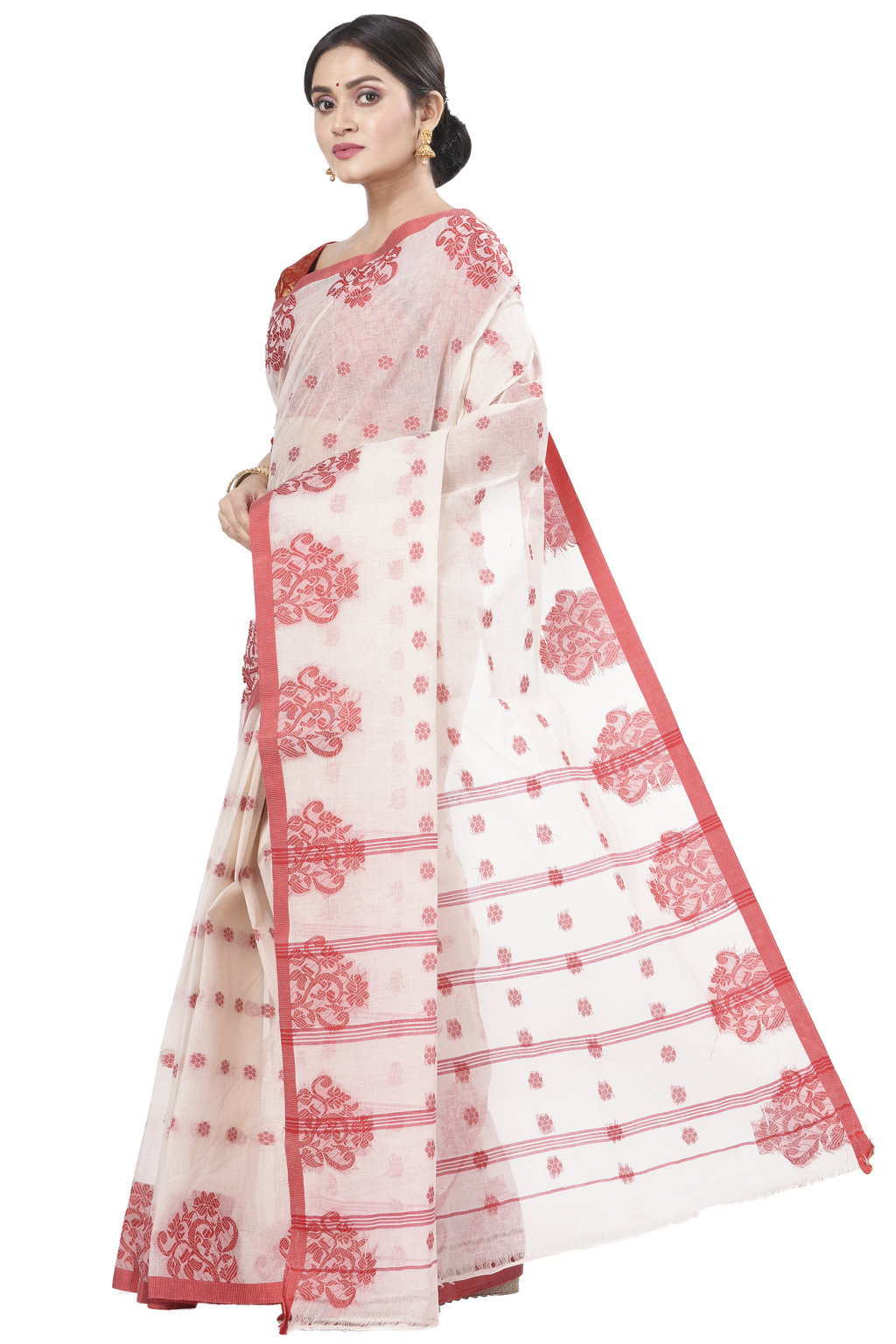 Red Pure Cotton Botgach Tant Saree (521)